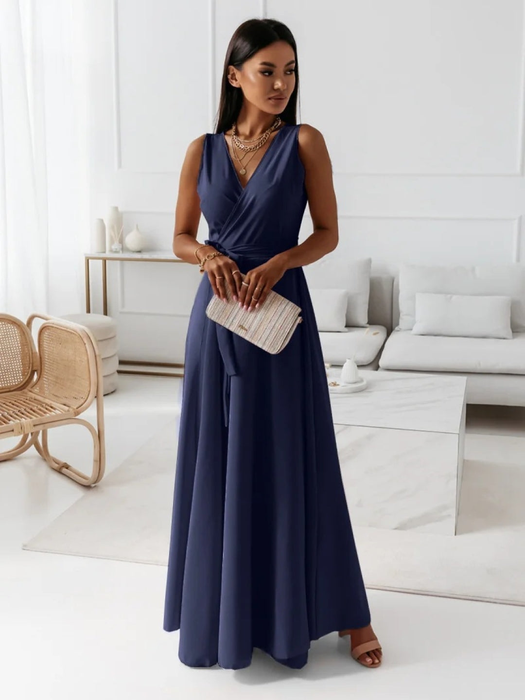 Navy Blue V-Neck Solid Sleeveless A-Line Polyester Maxi Dress