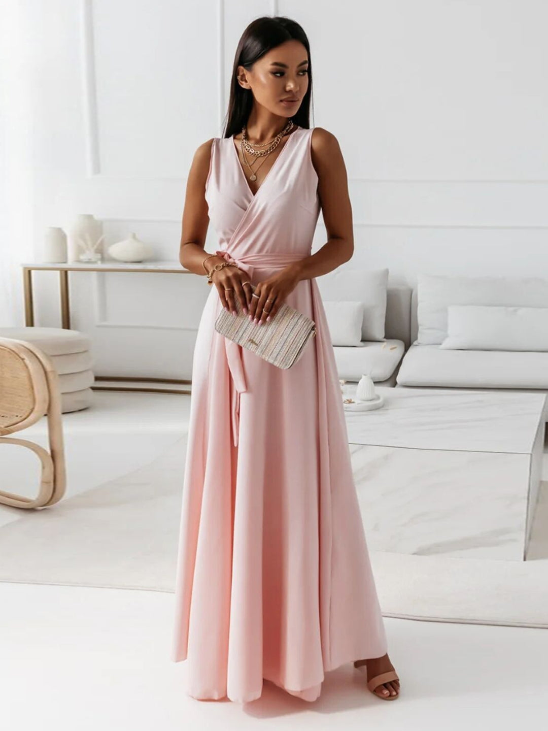 Pink V-Neck Solid Sleeveless A-Line Polyester Maxi Dress
