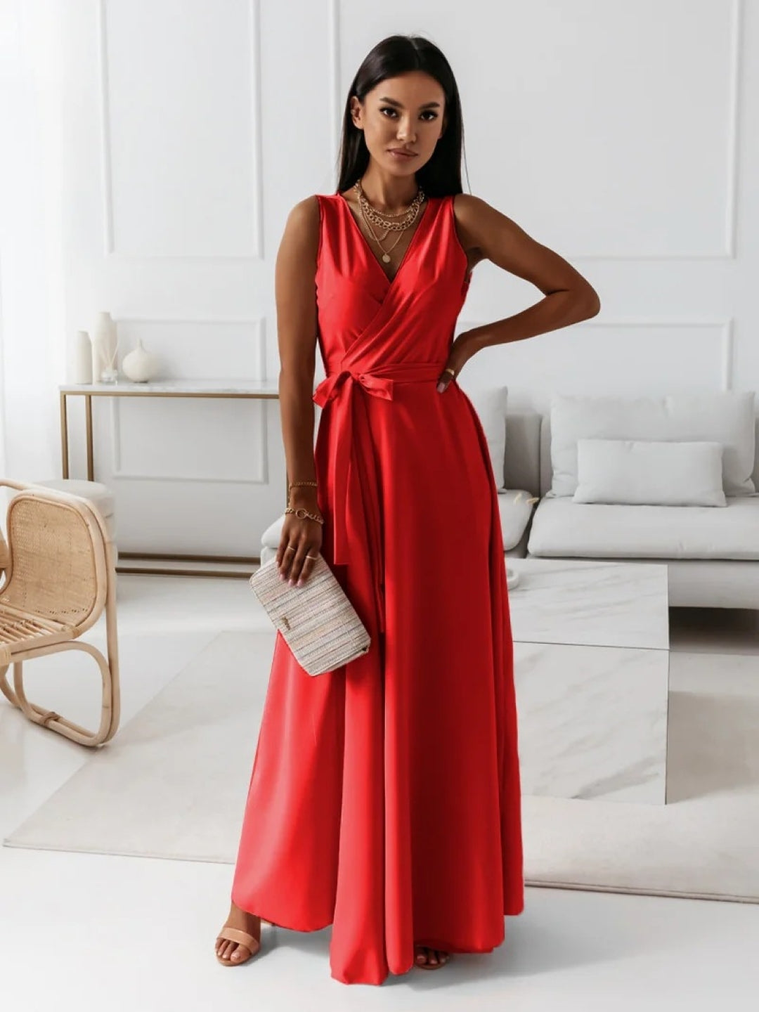 Red V-Neck Solid Sleeveless A-Line Polyester Maxi Dress
