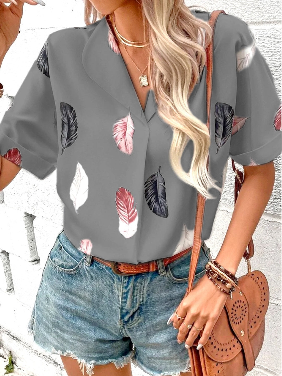 Grey V-Neck Tropical Short Sleeves Polyester Top