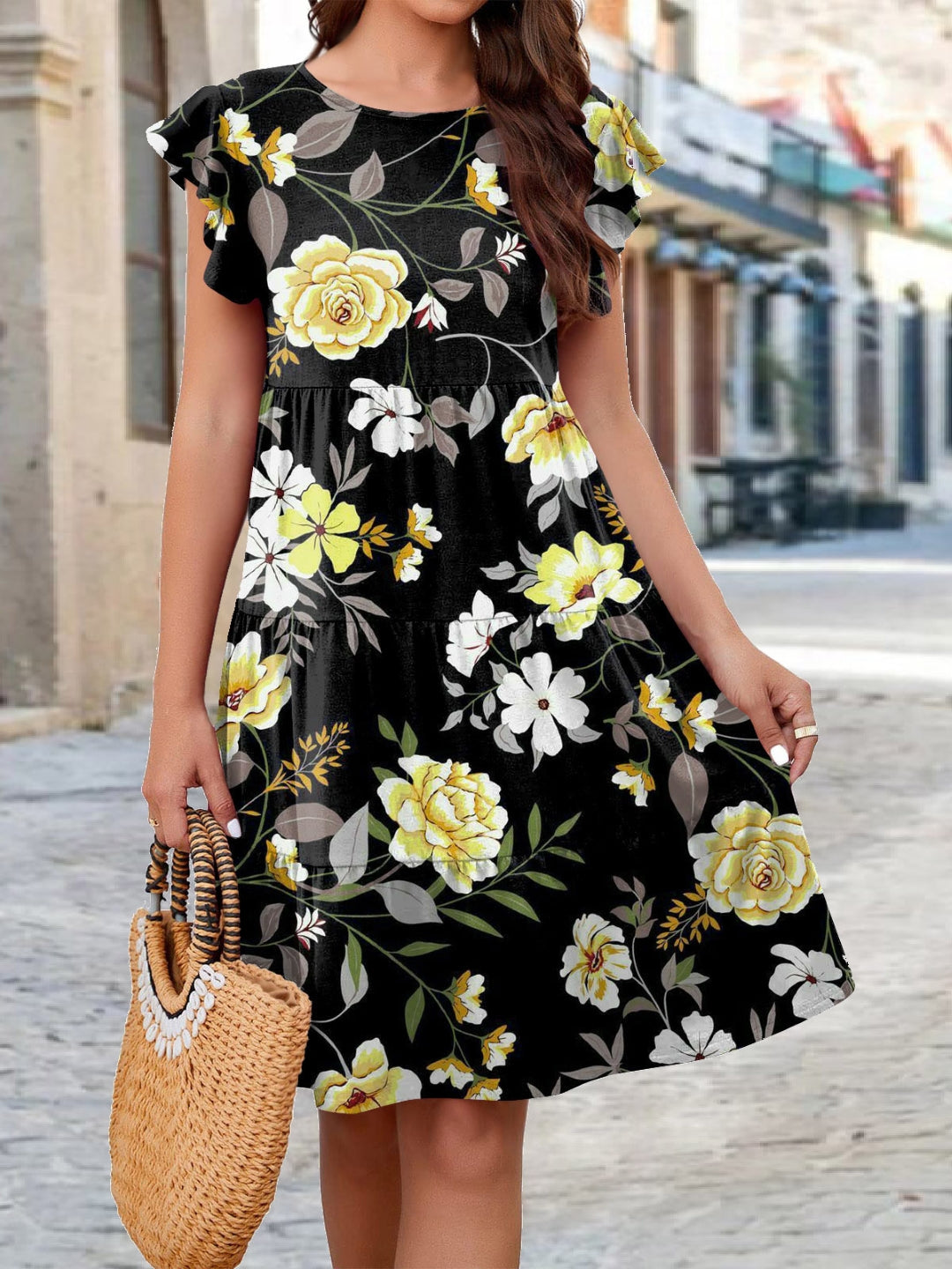 Yellow Round Neck Floral Sleeveless A-Line Polyester Knee Length Dress