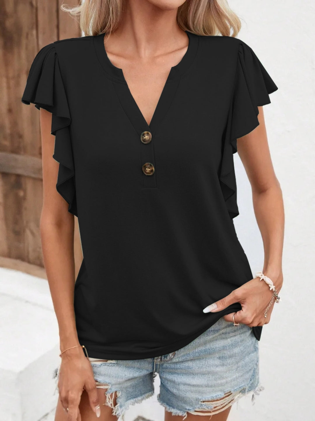 Black V-Neck Solid Short Sleeves Polyester Top