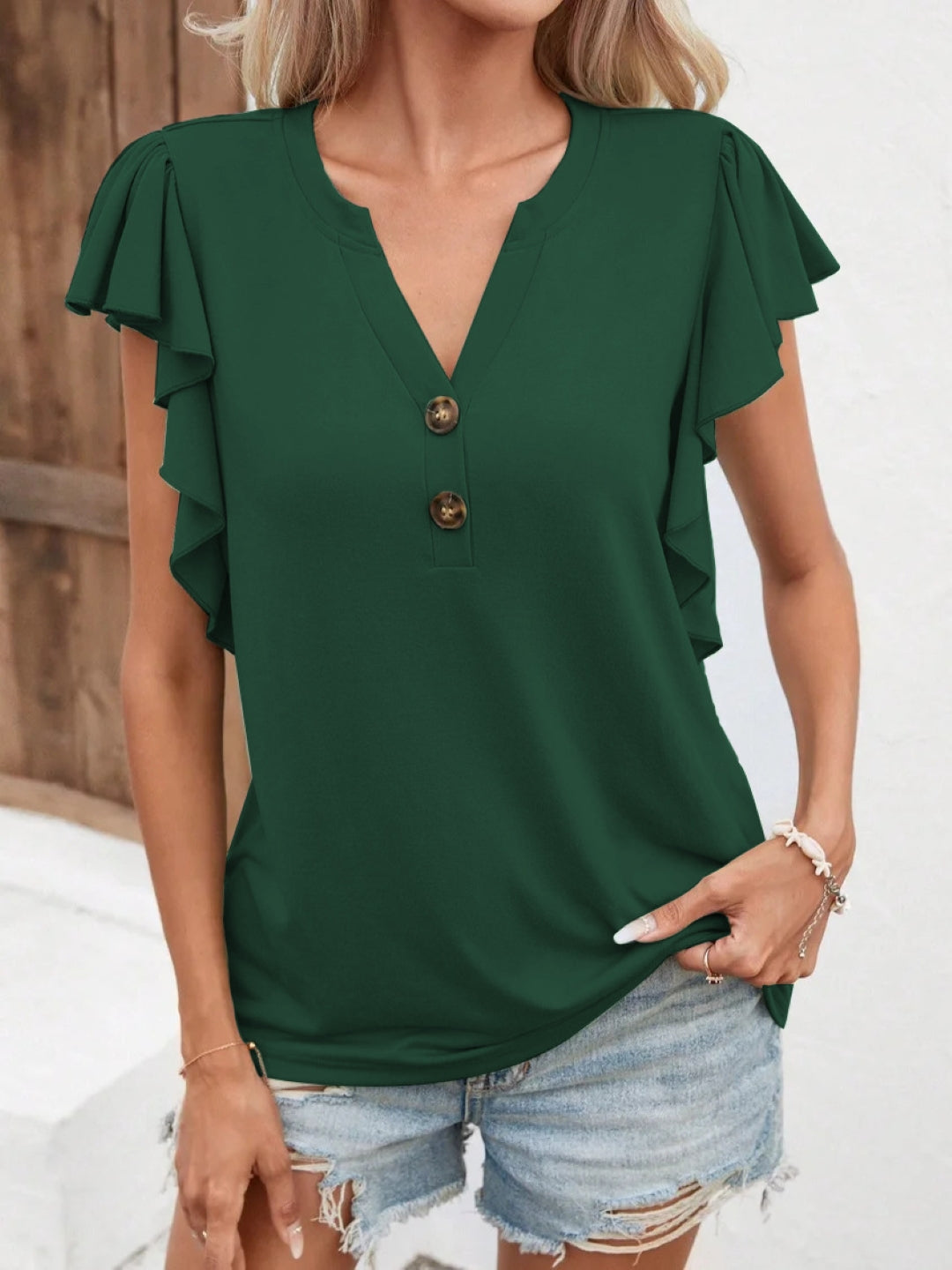 Dark Green V-Neck Solid Short Sleeves Polyester Top