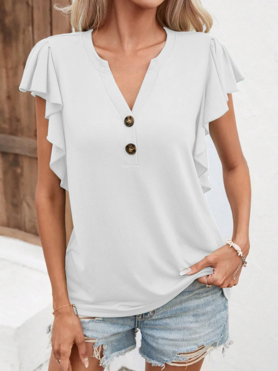 White V-Neck Solid Short Sleeves Polyester Top