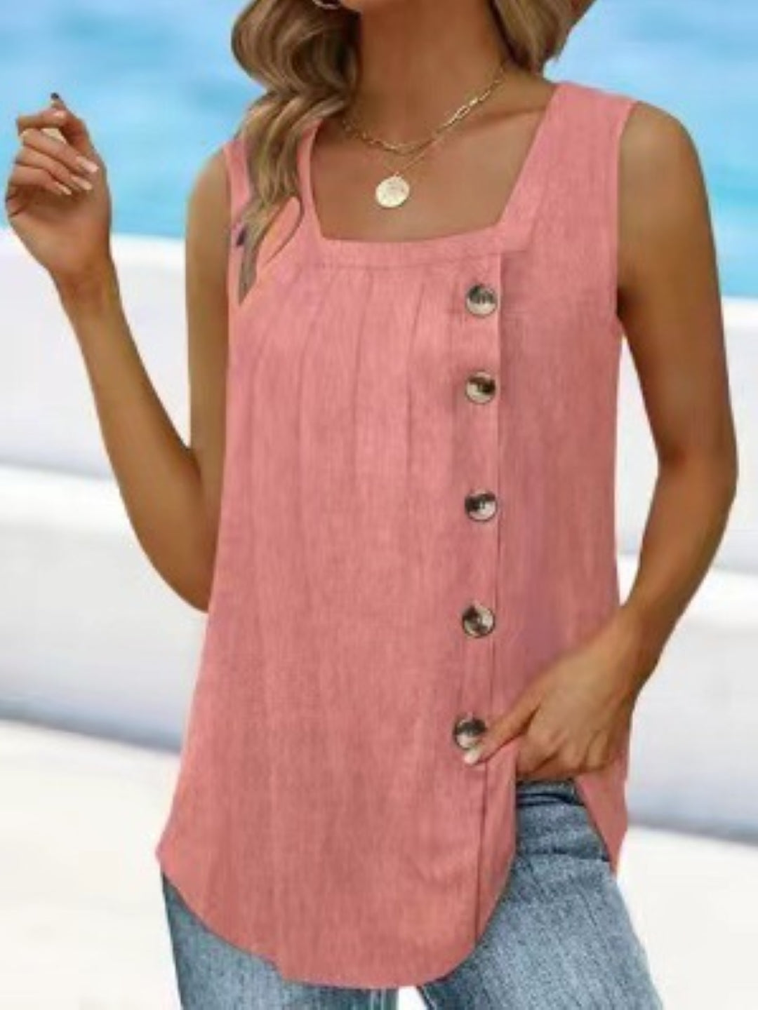 Pink Round Neck Solid Sleeveless Polyester Top