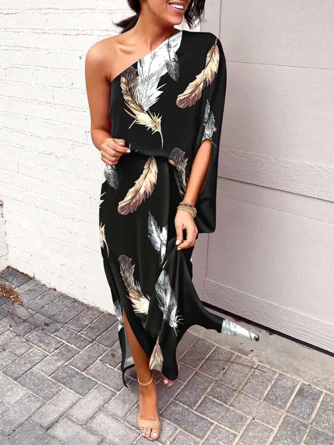 Black One Shoulder Floral Sleeveless A-Line Polyester Maxi Dress