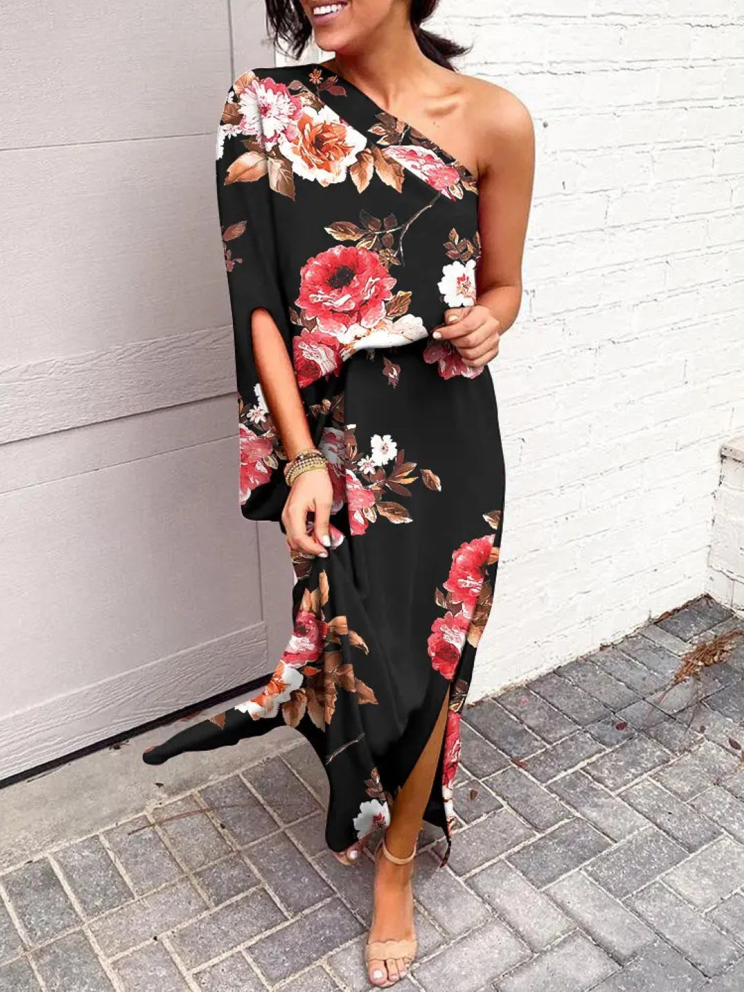 Burgundy One Shoulder Floral Sleeveless A-Line Polyester Maxi Dress