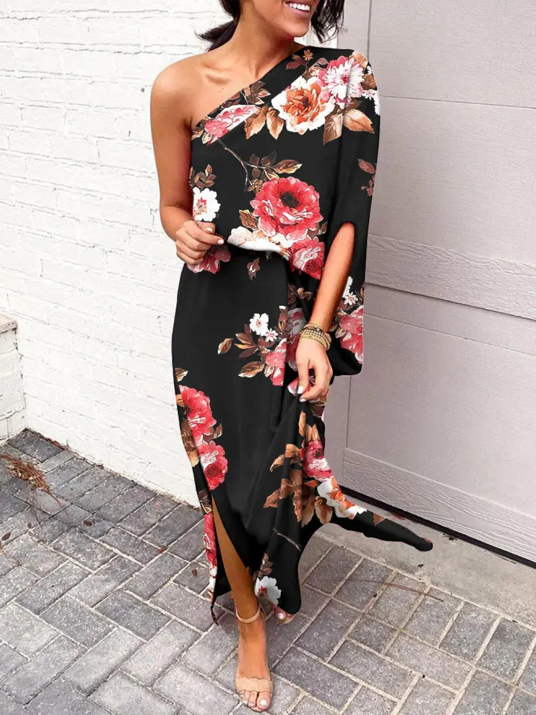 Burgundy One Shoulder Floral Sleeveless A-Line Polyester Maxi Dress