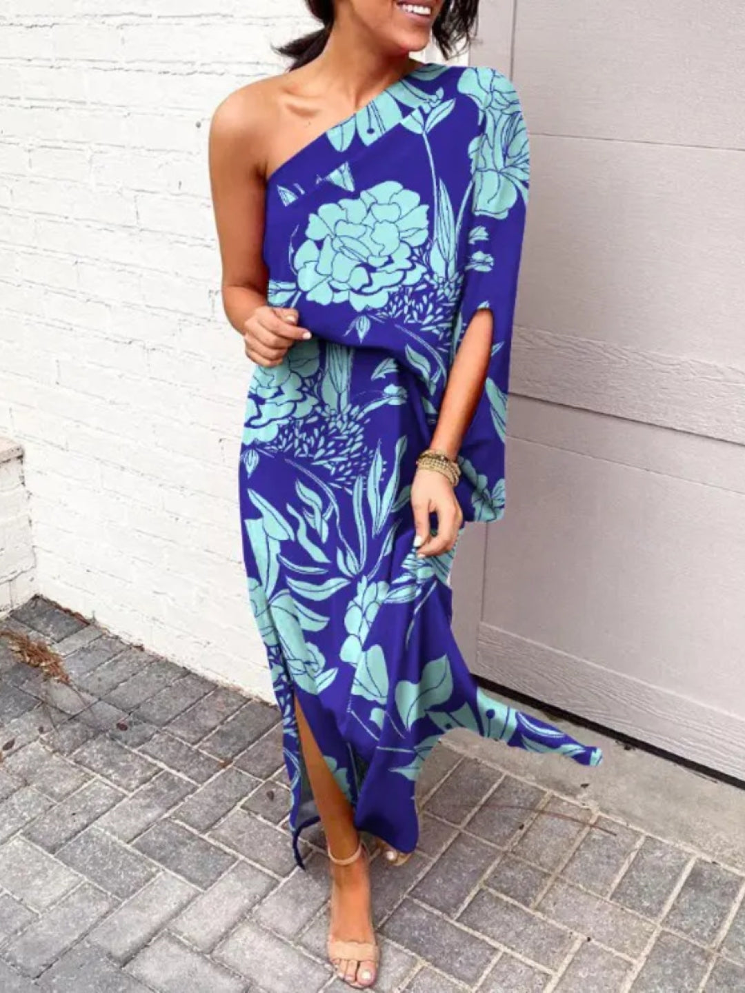 Blue One Shoulder Floral Sleeveless A-Line Polyester Maxi Dress