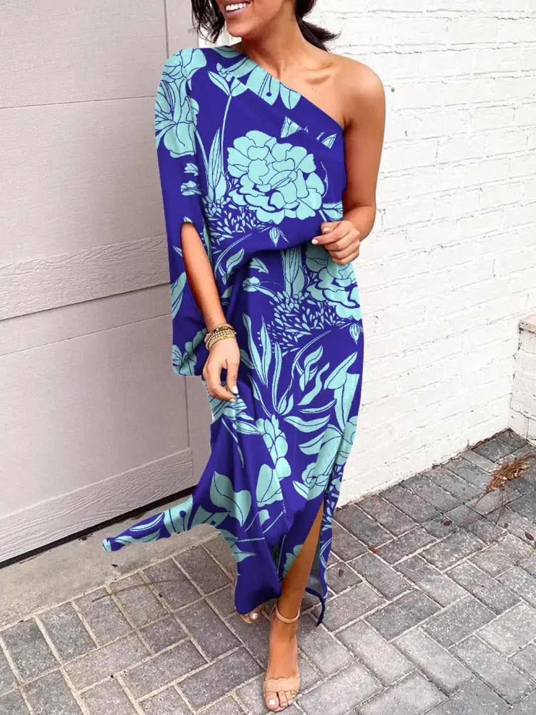 Blue One Shoulder Floral Sleeveless A-Line Polyester Maxi Dress