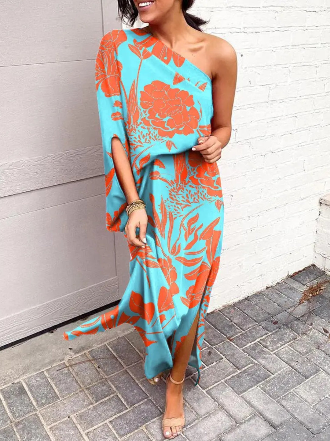 Blue One Shoulder Floral Sleeveless A-Line Polyester Maxi Dress