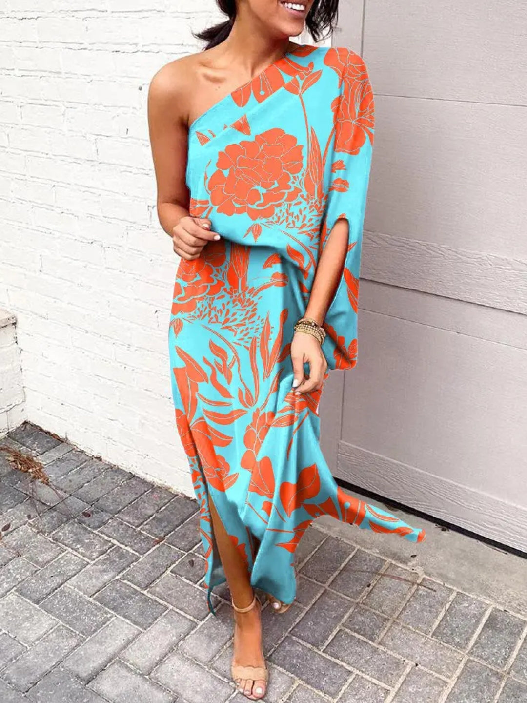 Blue One Shoulder Floral Sleeveless A-Line Polyester Maxi Dress