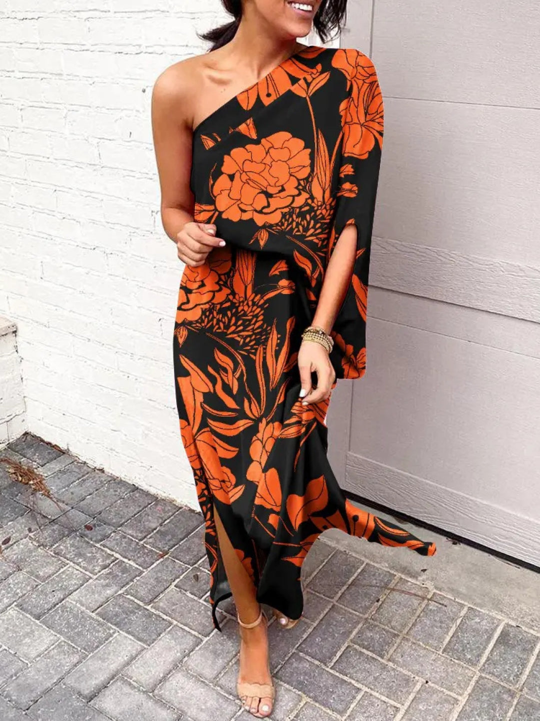 Brown One Shoulder Floral Sleeveless A-Line Polyester Maxi Dress