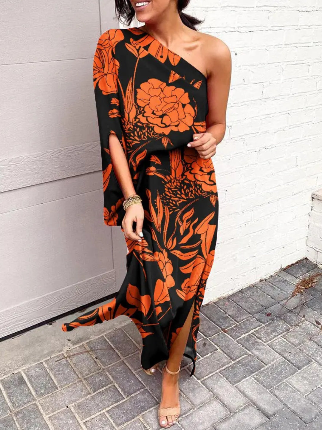 Brown One Shoulder Floral Sleeveless A-Line Polyester Maxi Dress