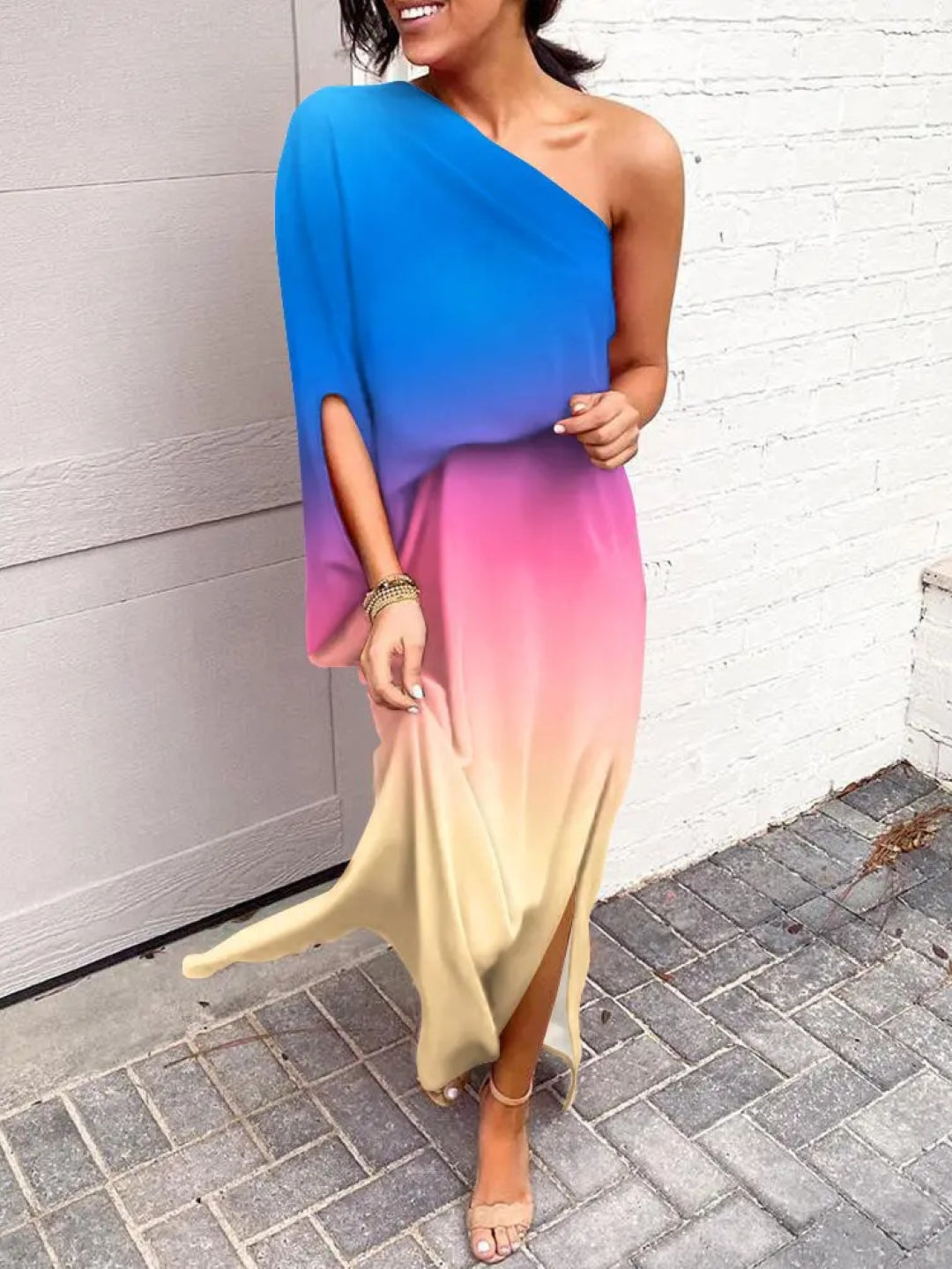 Multi One Shoulder Floral Sleeveless A-Line Polyester Maxi Dress