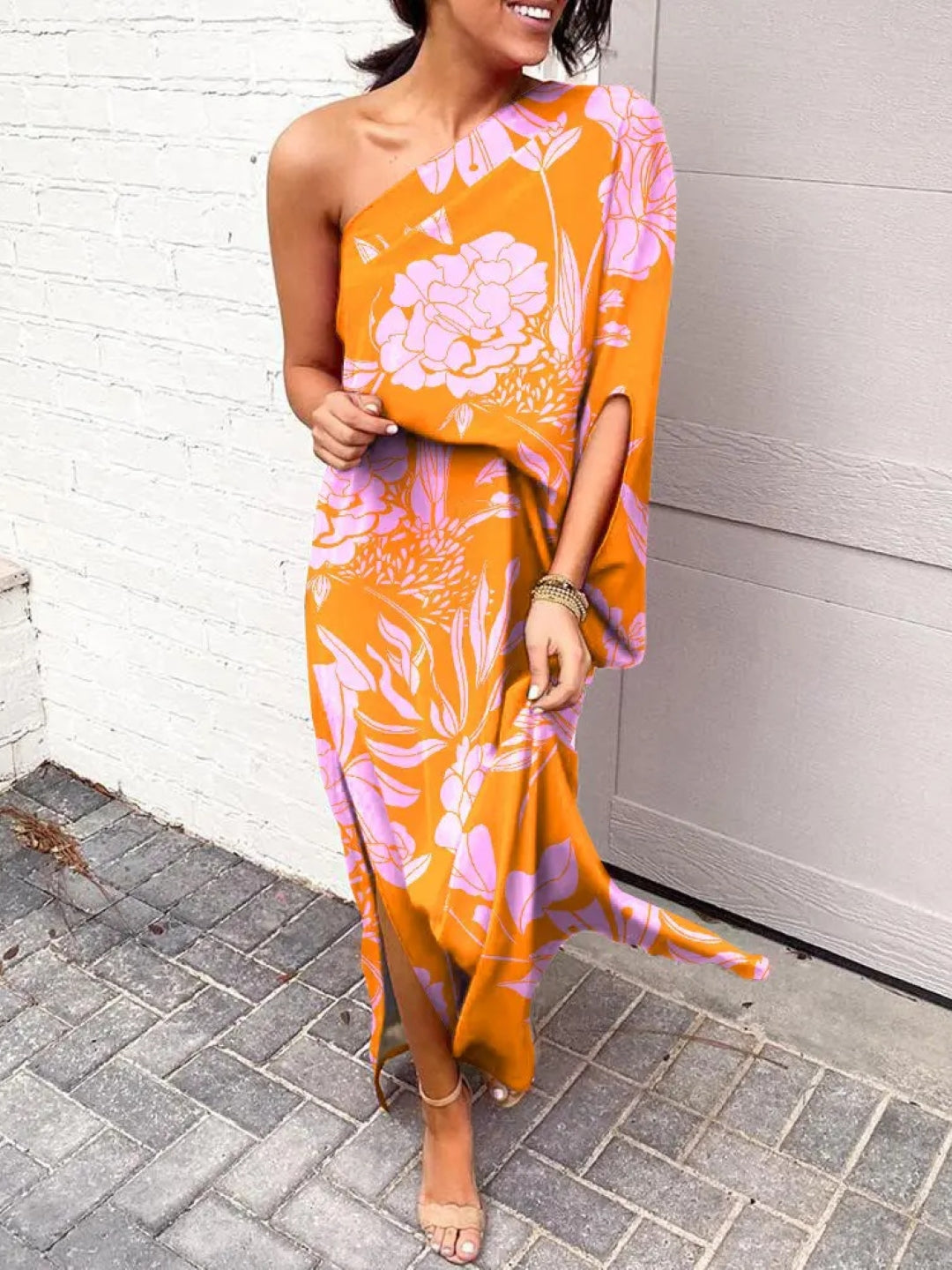 Orange One Shoulder Floral Sleeveless A-Line Polyester Maxi Dress