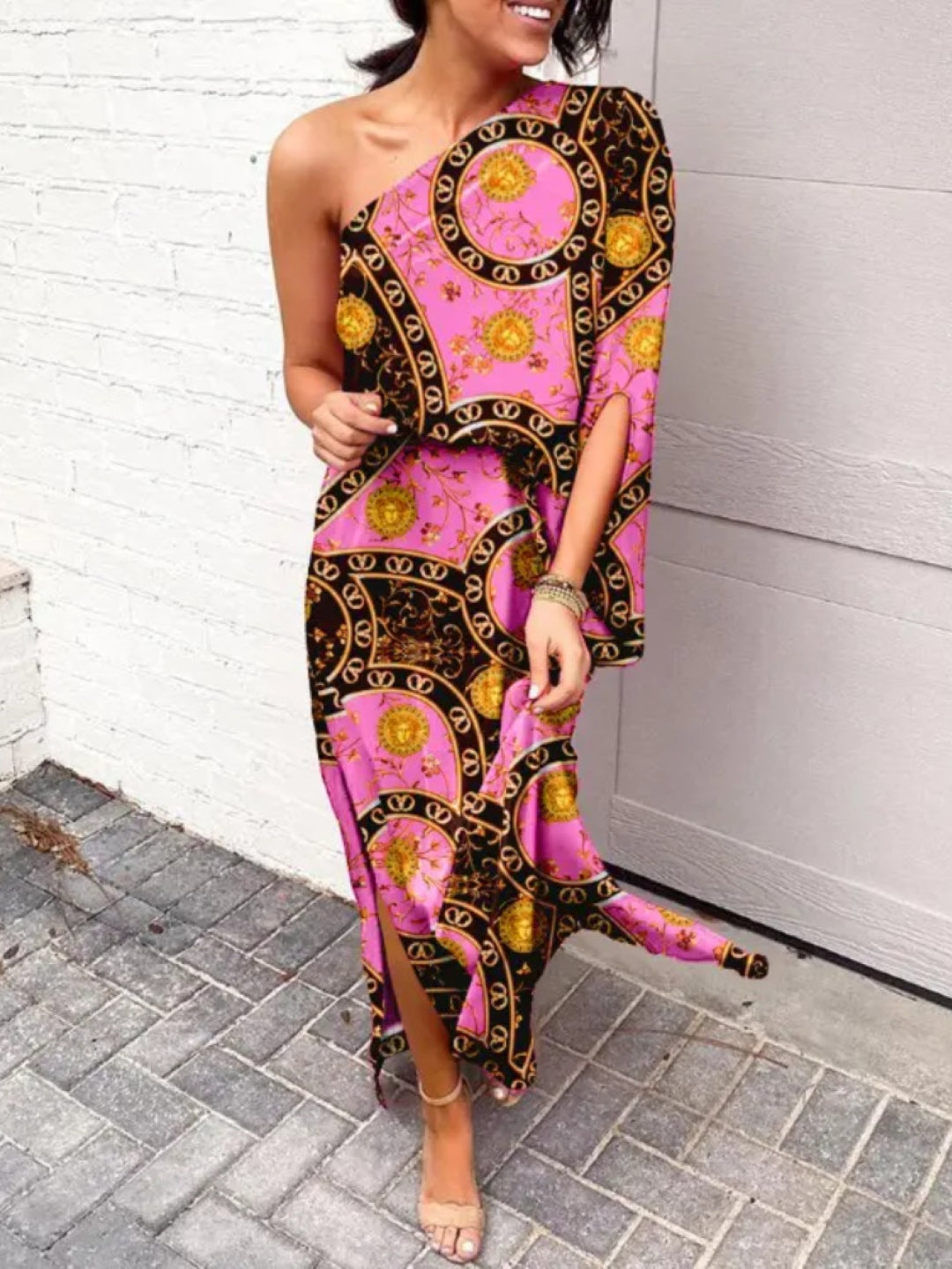 Pink One Shoulder Floral Sleeveless A-Line Polyester Maxi Dress