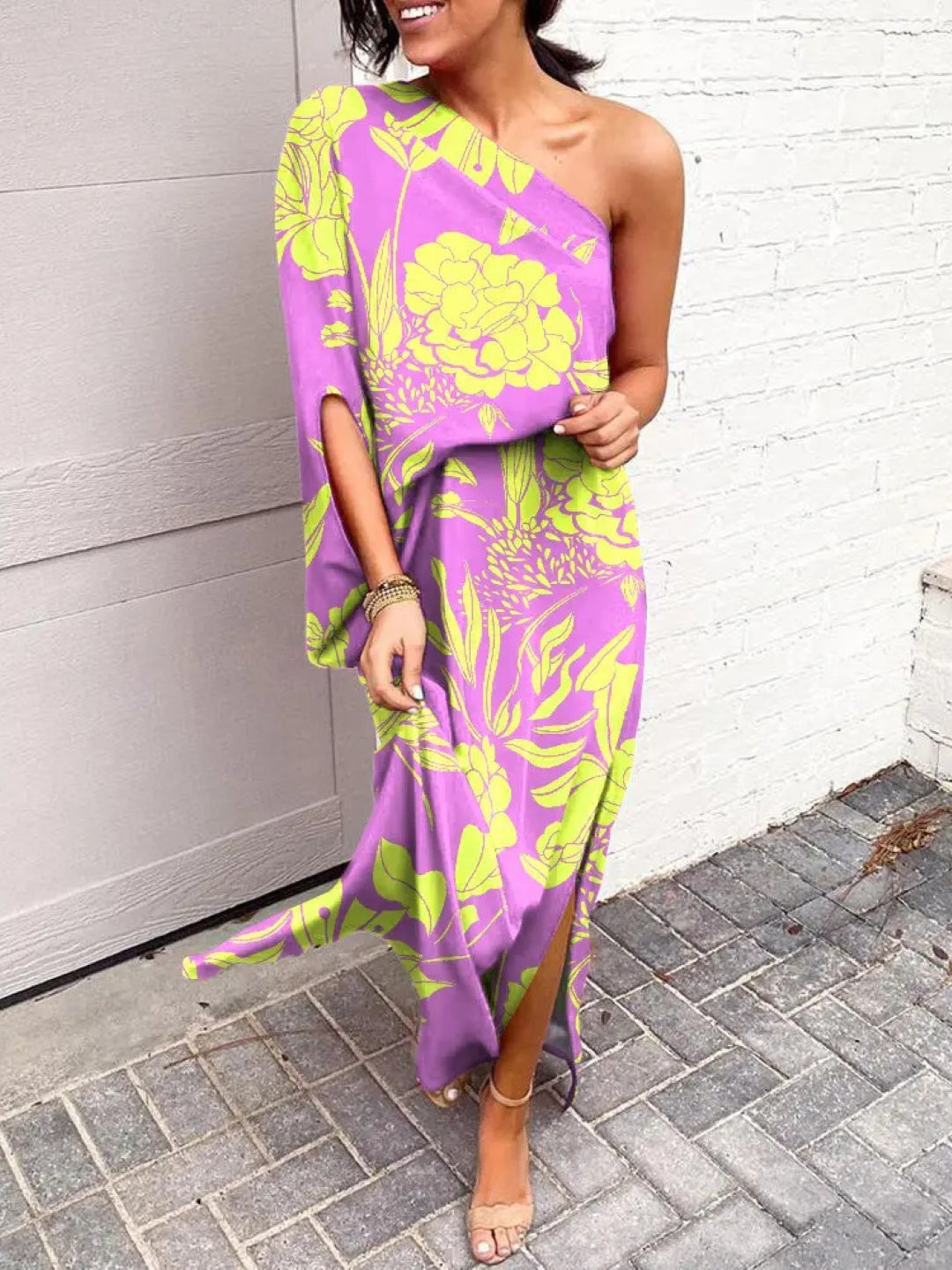 Pink One Shoulder Floral Sleeveless A-Line Polyester Maxi Dress