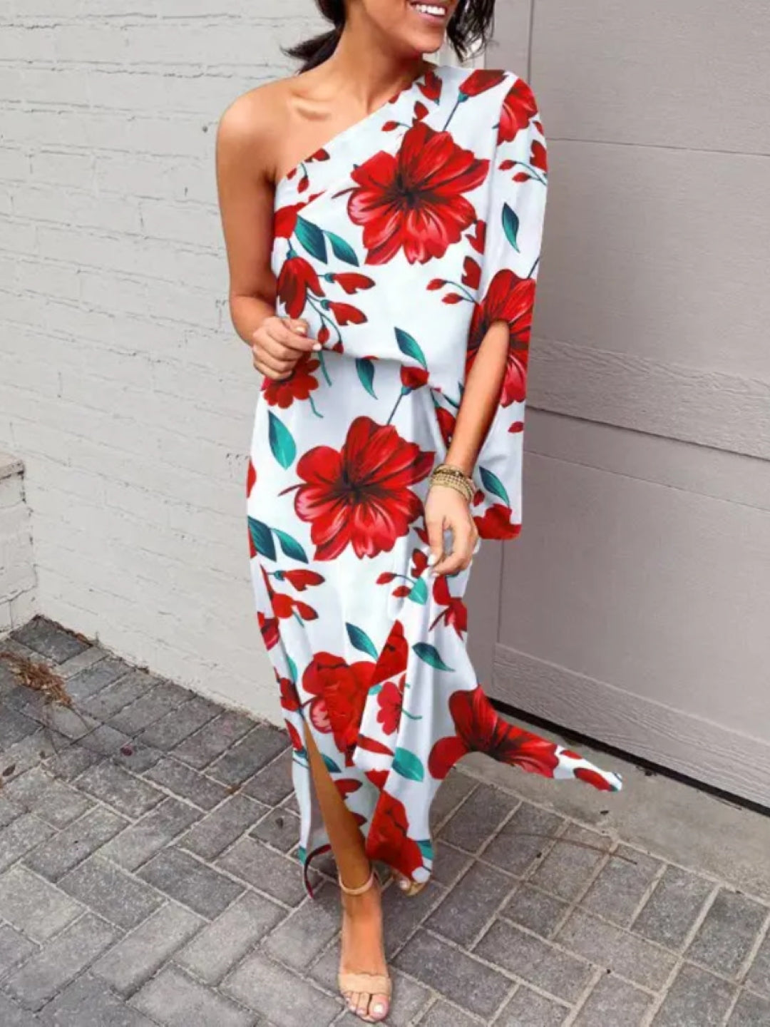 White One Shoulder Floral Sleeveless A-Line Polyester Maxi Dress
