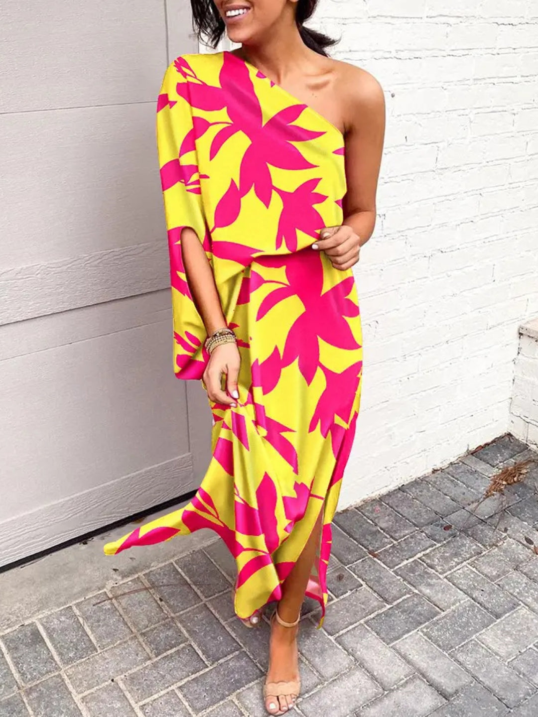 Yellow One Shoulder Floral Sleeveless A-Line Polyester Maxi Dress