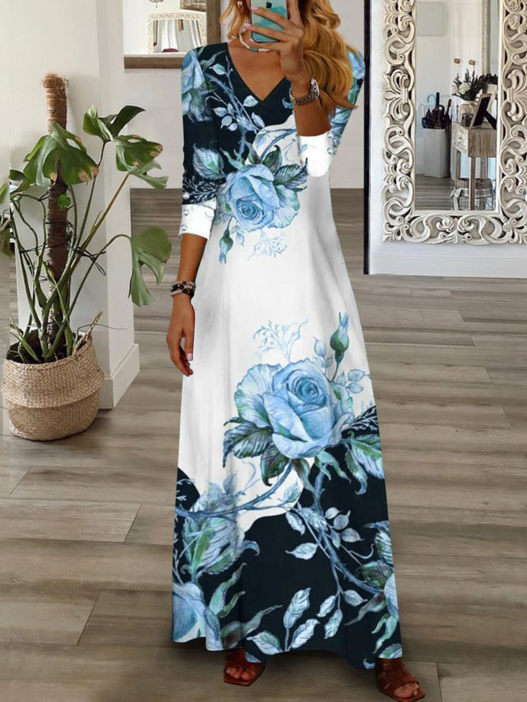 Blue V-Neck Floral Three-Quarter Sleeves A-Line Polyester Maxi Dress