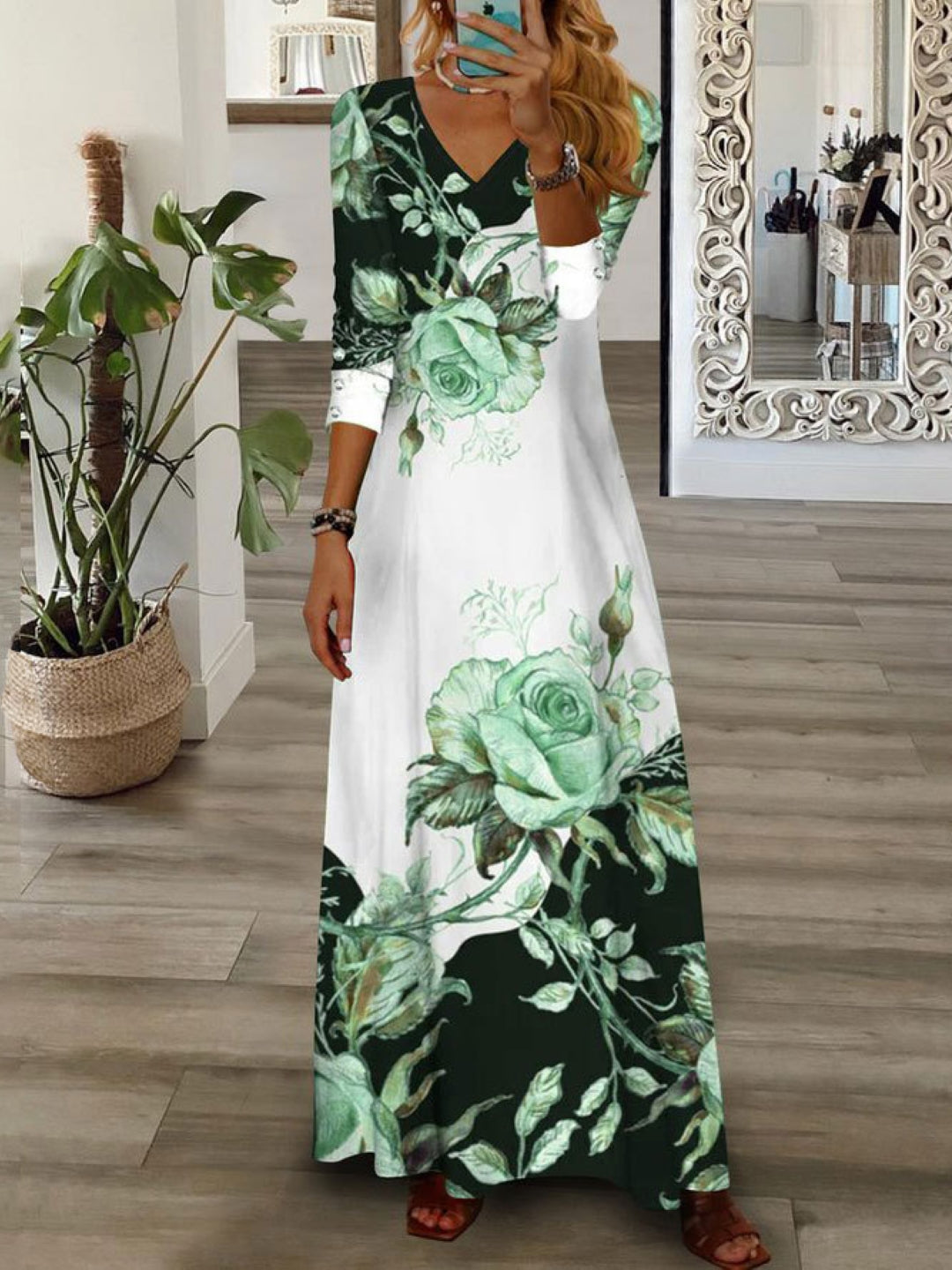 Green V-Neck Floral Three-Quarter Sleeves A-Line Polyester Maxi Dress