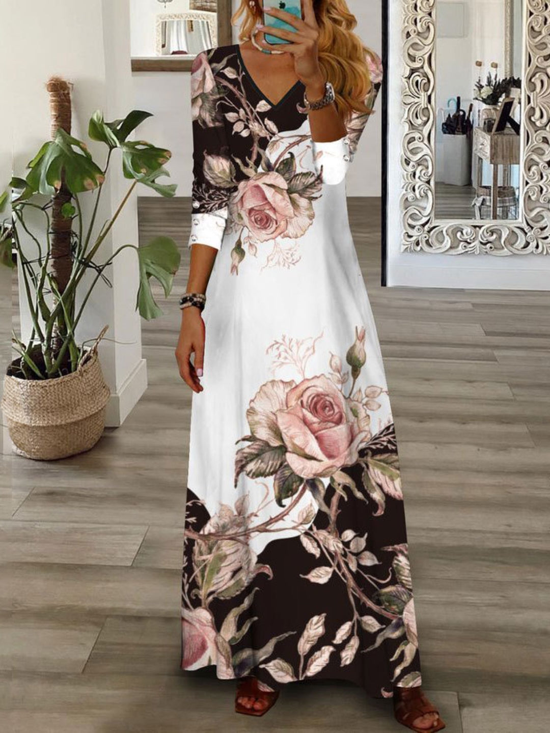 Pink V-Neck Floral Three-Quarter Sleeves A-Line Polyester Maxi Dress