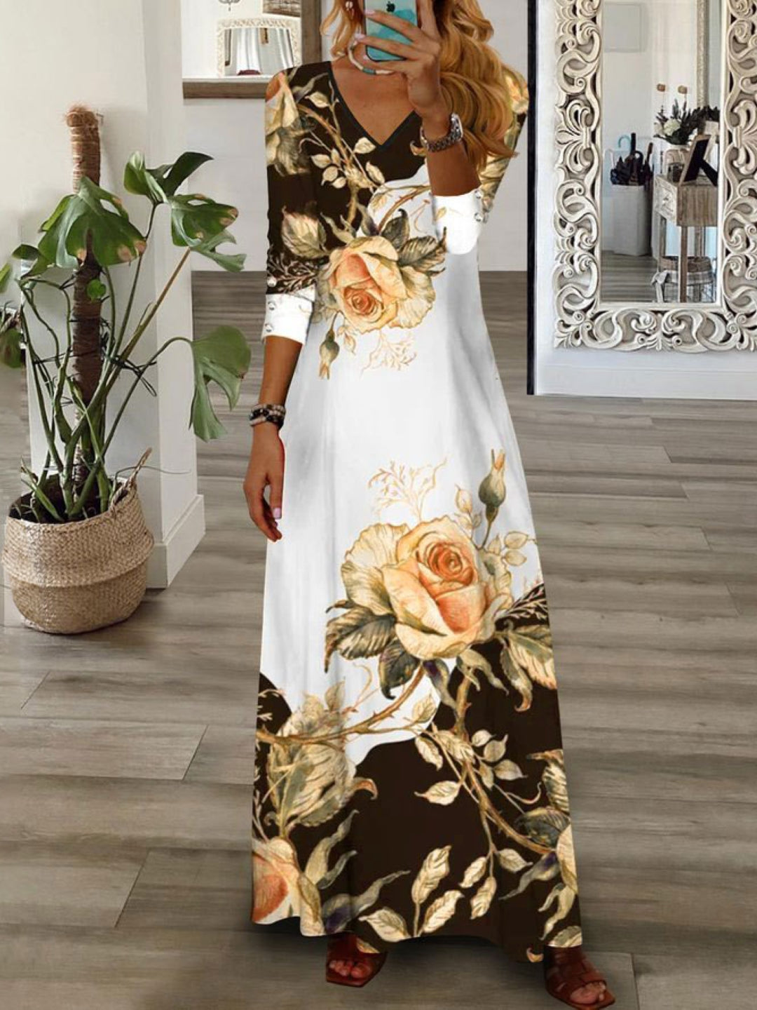 Yellow V-Neck Floral Three-Quarter Sleeves A-Line Polyester Maxi Dress