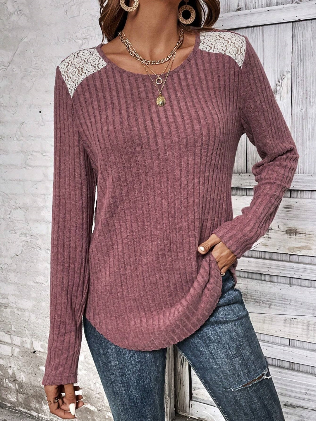 Red Round Neck Colourblocked Long Sleeves Polyester Top