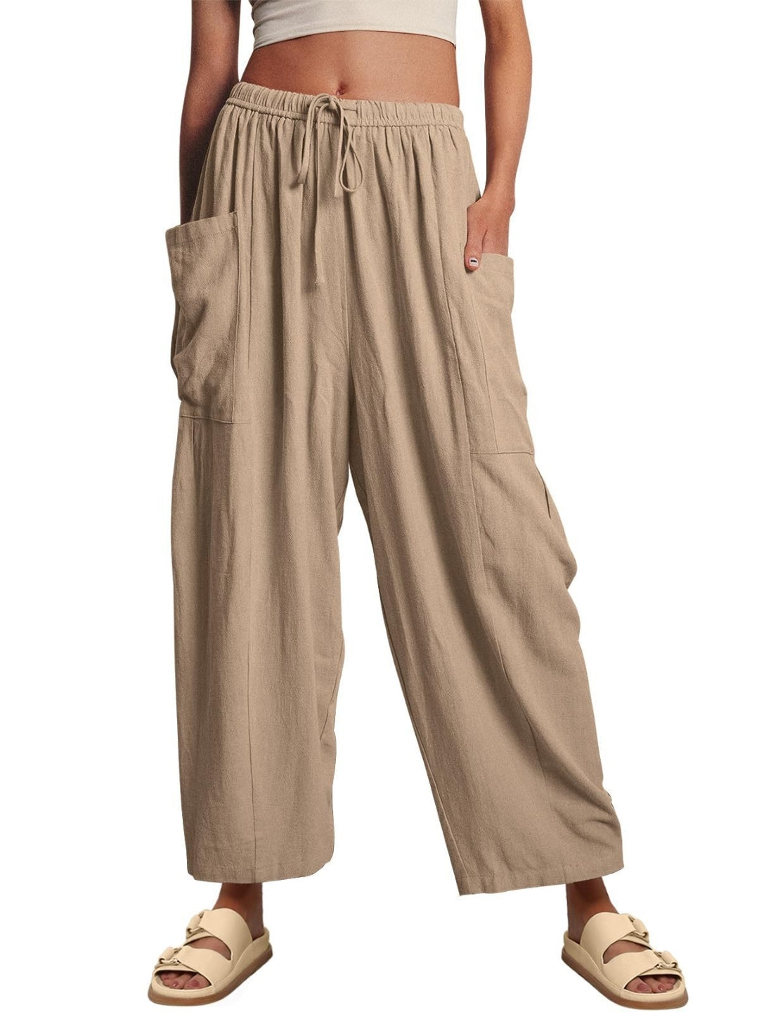 Khaki Solid Regular Fit Polyester Trouser