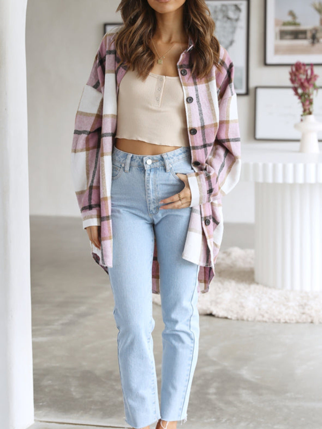 Purple Shirt Collar Checked Long Sleeves Polyester Top