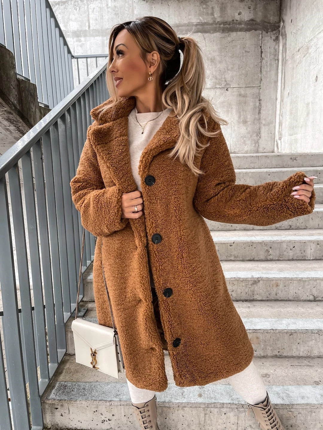 Khaki Shirt Collar Solid Long Sleeves Polyester Top
