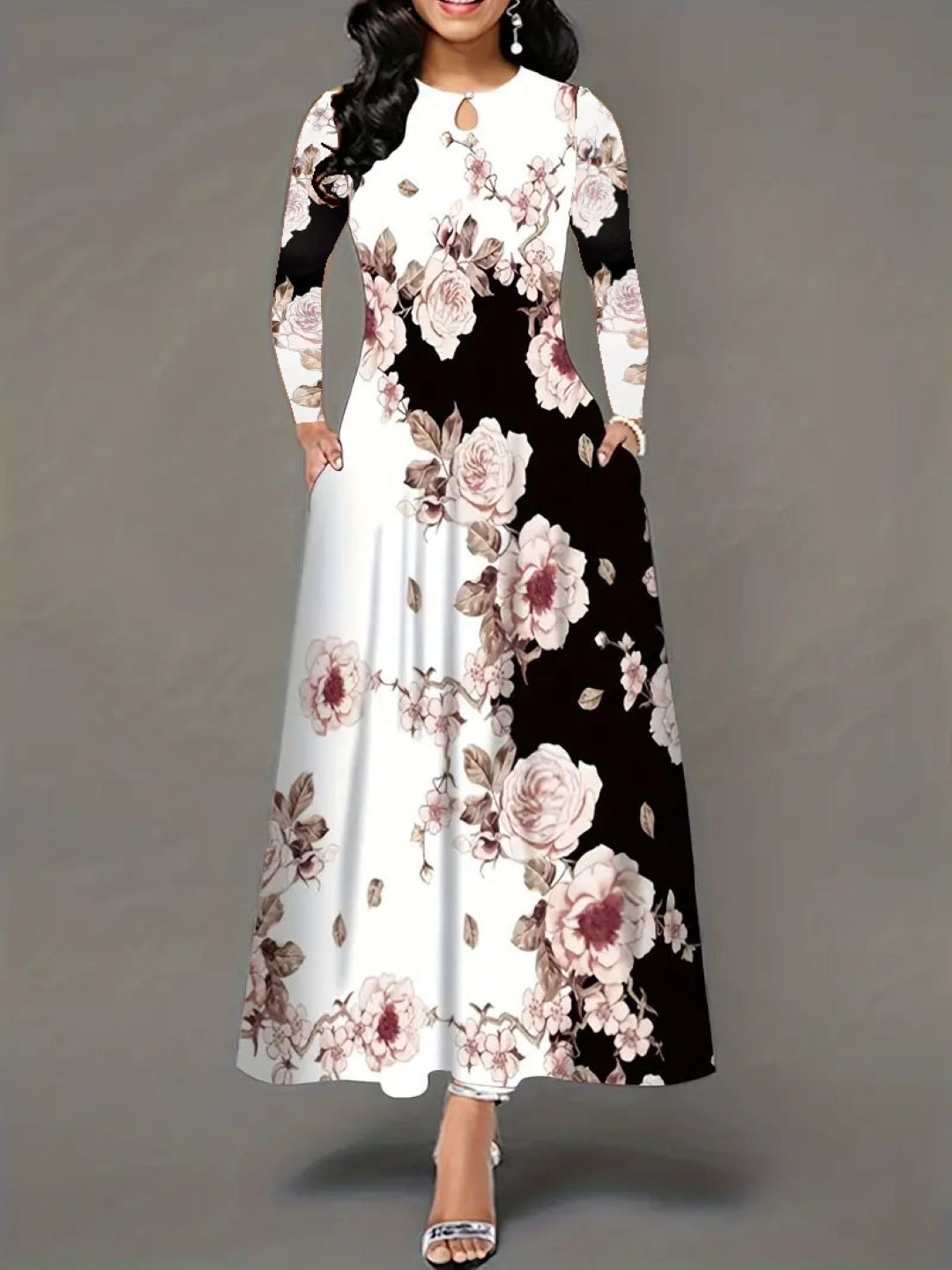 Black Round Neck Floral Long Sleeves A-Line Polyester Maxi Dress