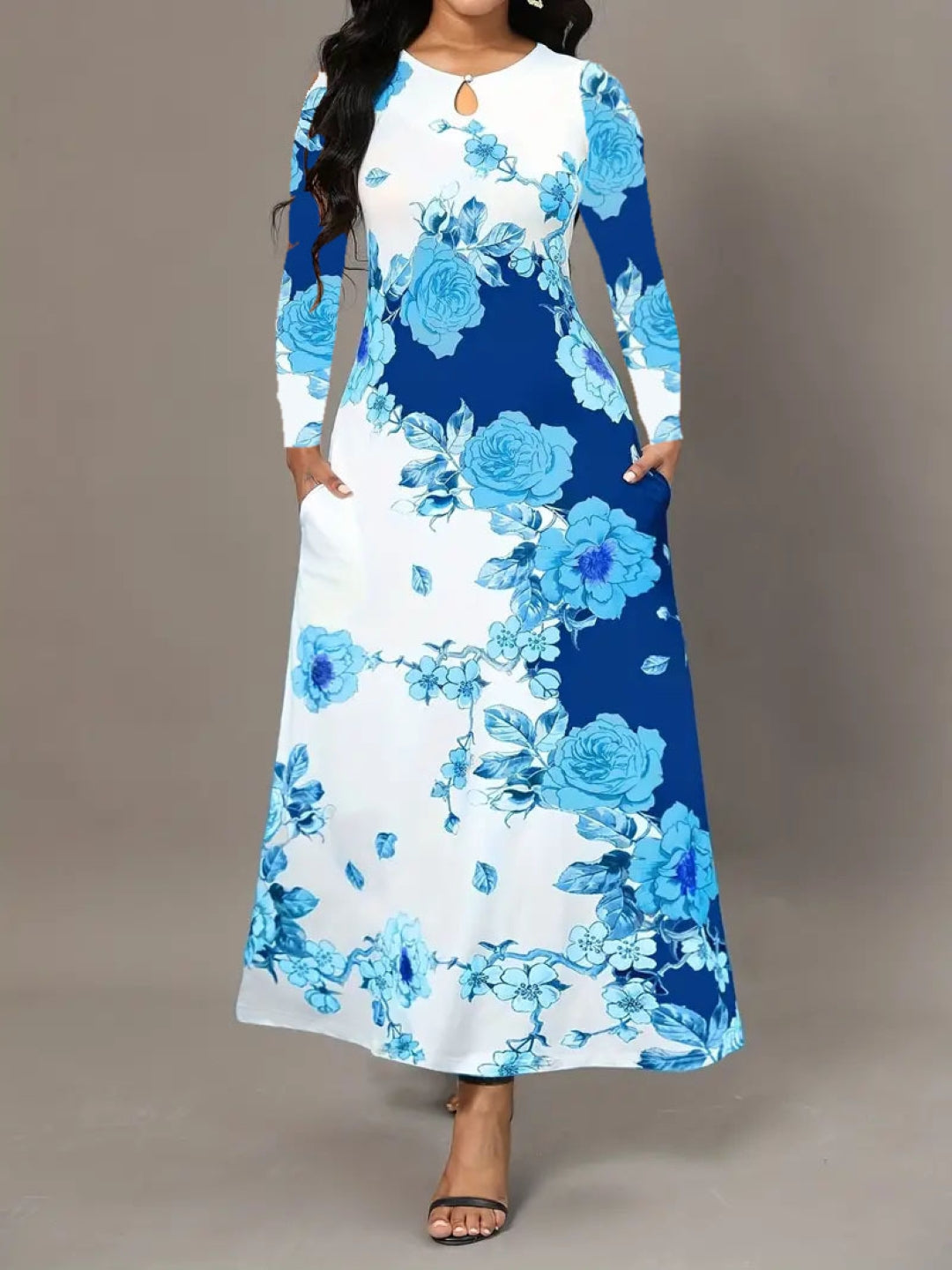 Blue Round Neck Floral Long Sleeves A-Line Polyester Maxi Dress