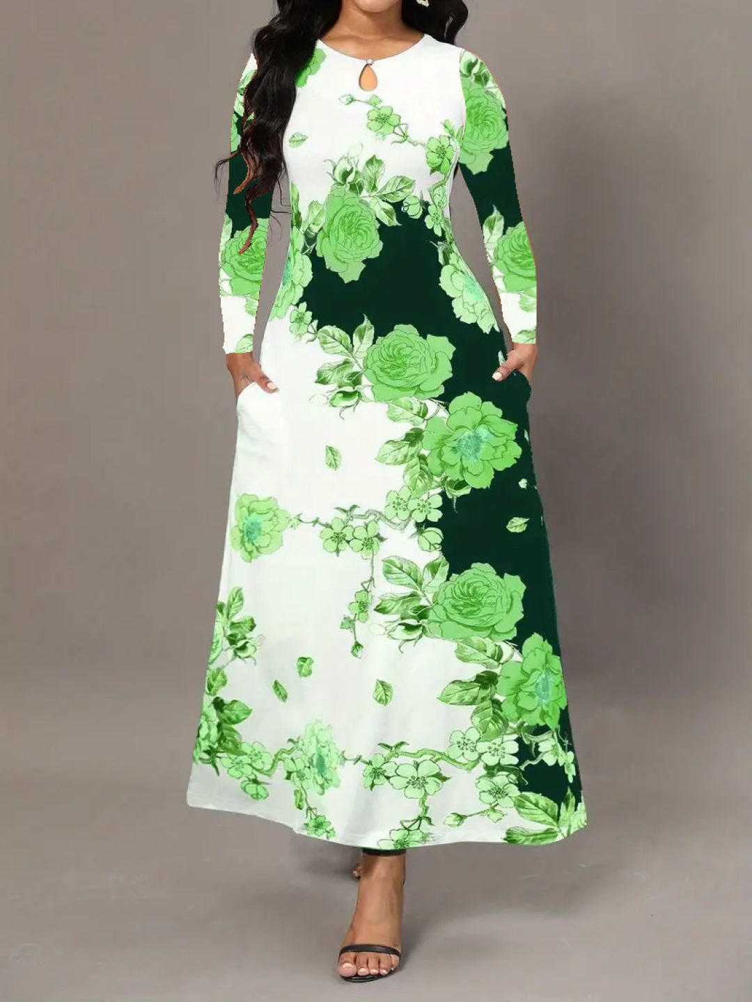 Green Round Neck Floral Long Sleeves A-Line Polyester Maxi Dress