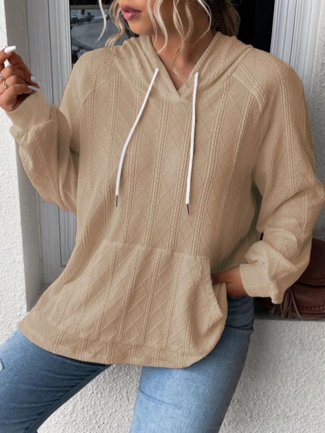 Khaki V-Neck Solid Long Sleeves Polyester Top