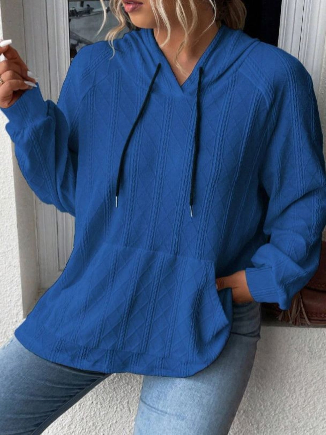 Navy Blue V-Neck Solid Long Sleeves Polyester Top