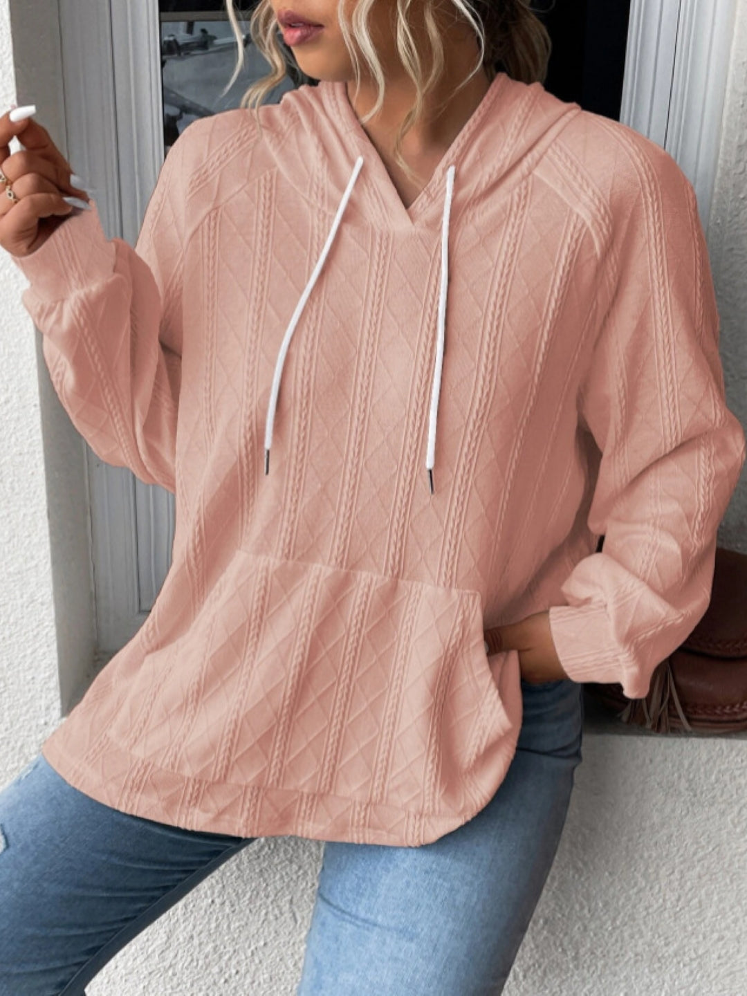 Pink V-Neck Solid Long Sleeves Polyester Top