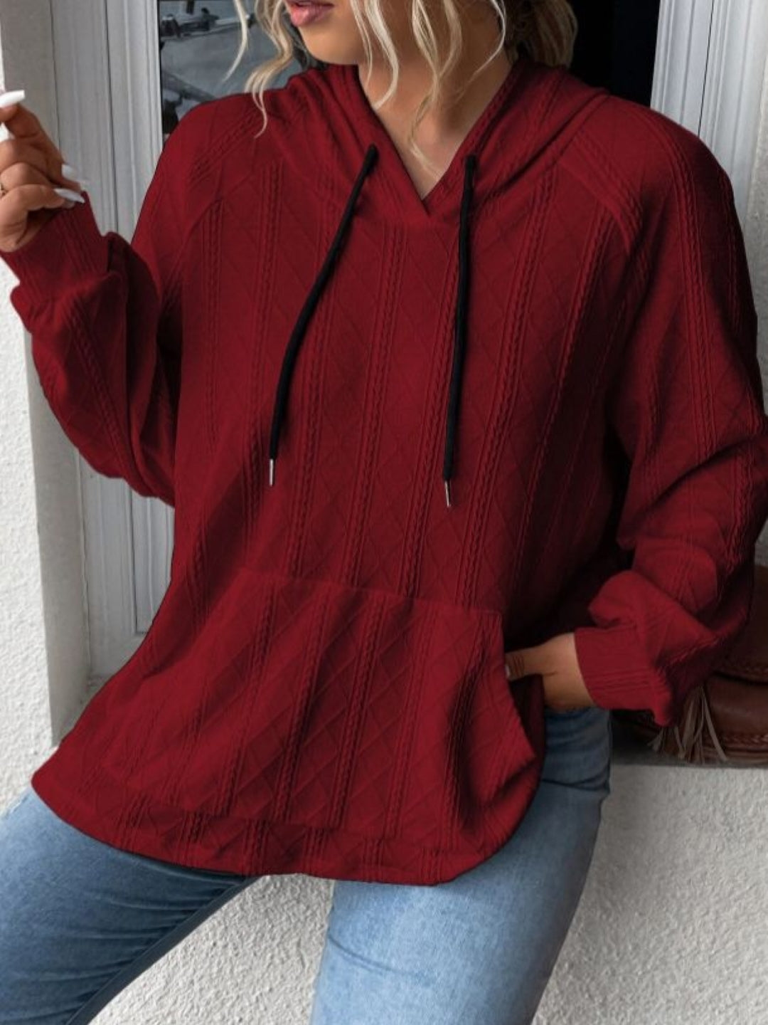 Red V-Neck Solid Long Sleeves Polyester Top