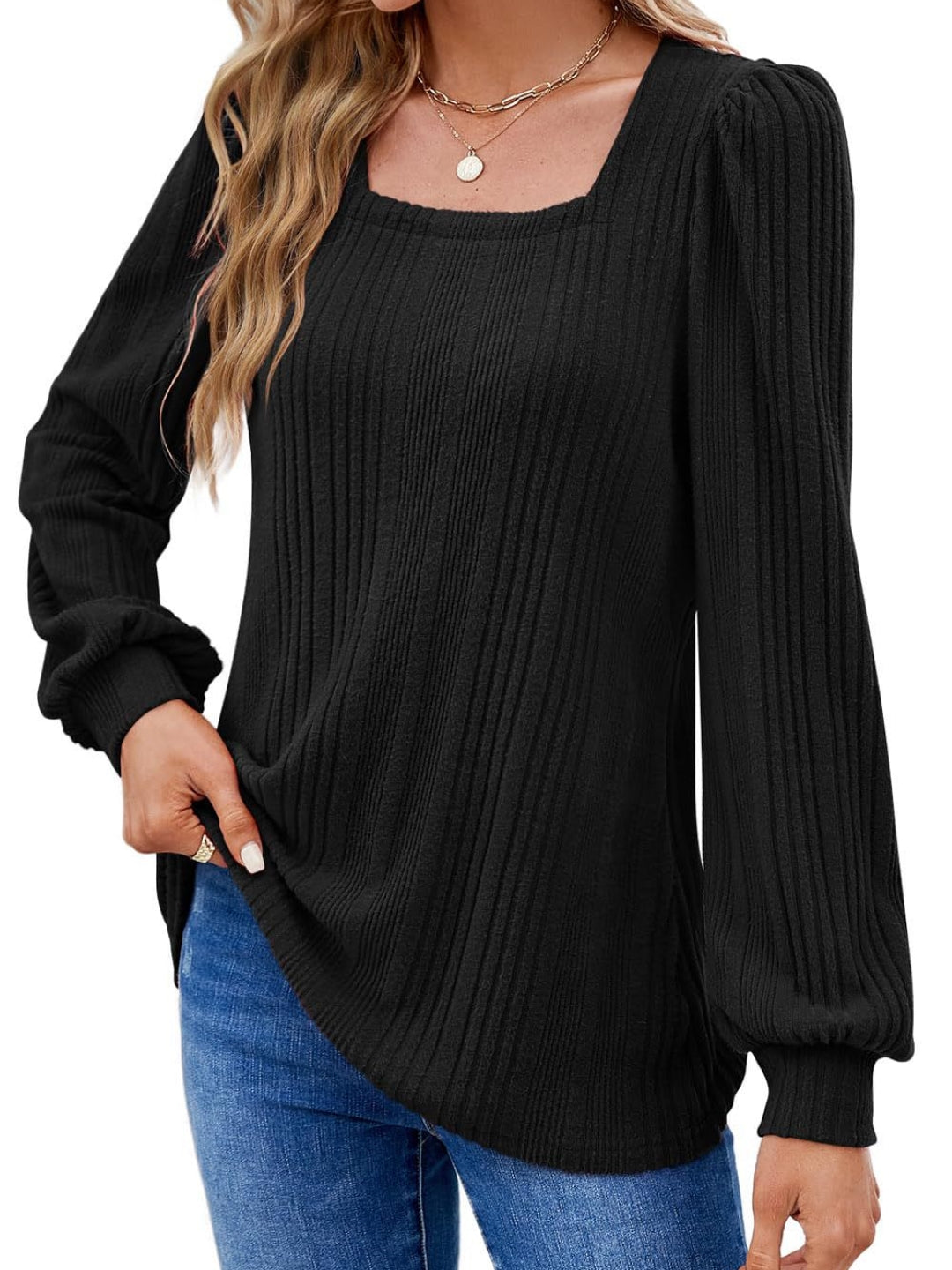 Black Square Neck Solid Long Sleeves Polyester Top