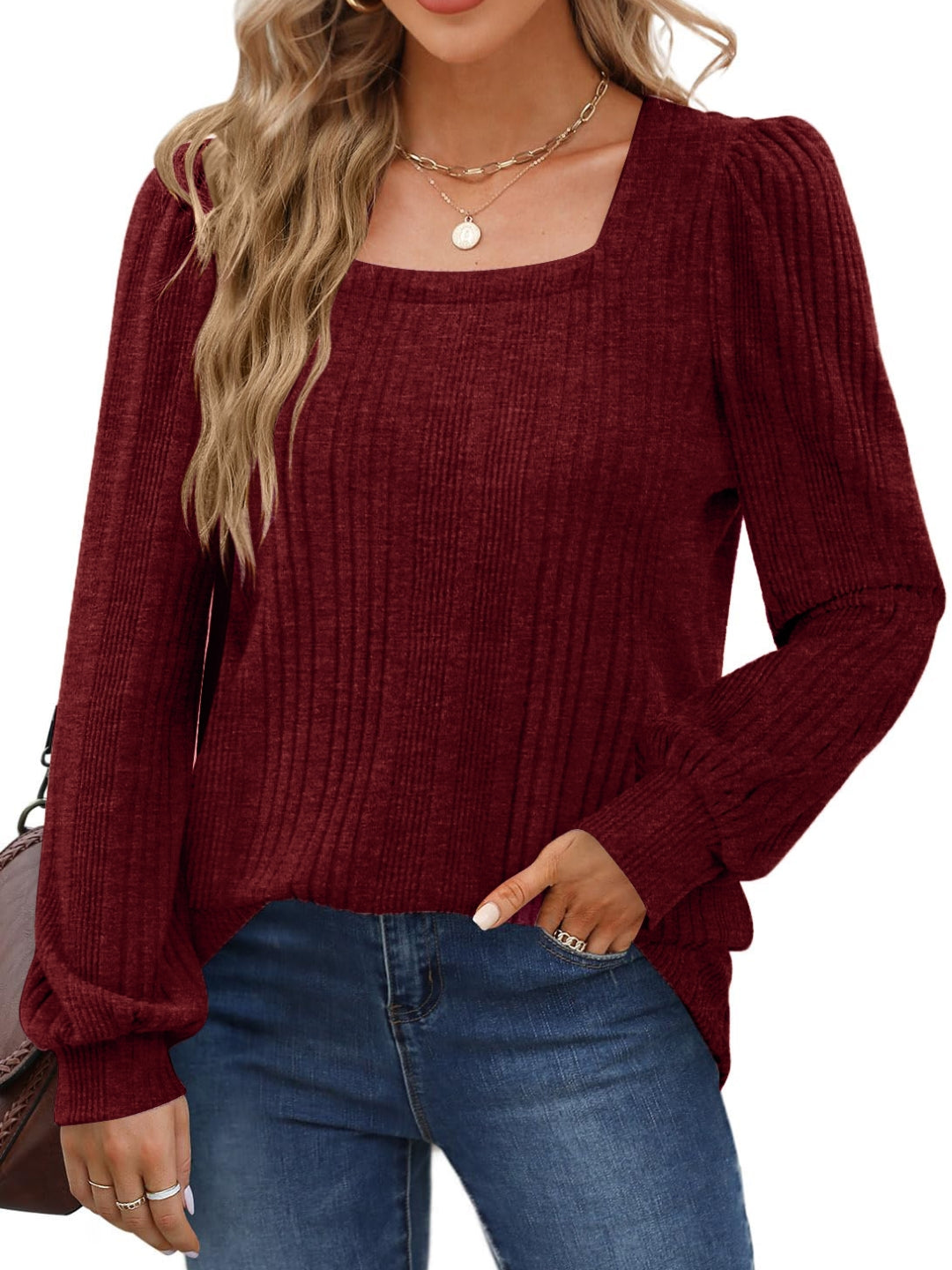 Red Square Neck Solid Long Sleeves Polyester Top