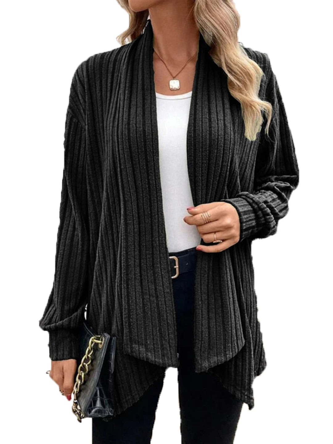 Black V-Neck Solid Long Sleeves Polyester Top