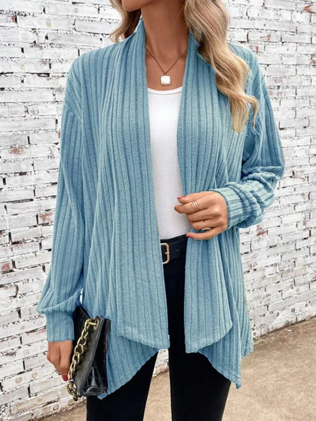 Blue V-Neck Solid Long Sleeves Polyester Top