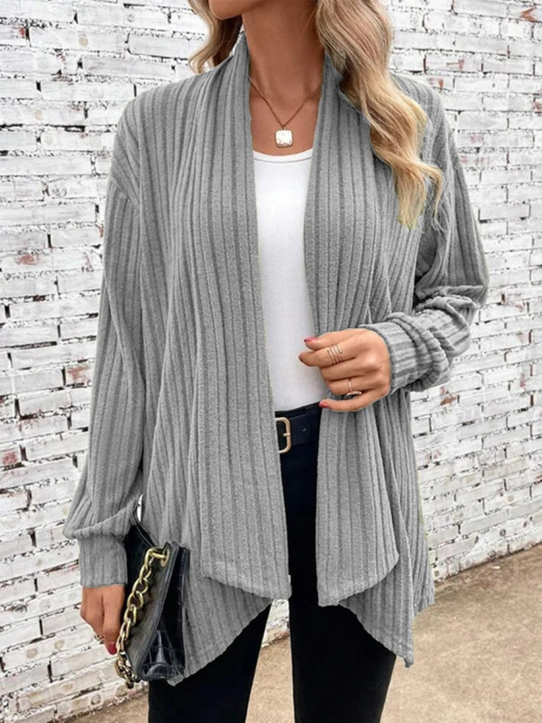 Grey V-Neck Solid Long Sleeves Polyester Top
