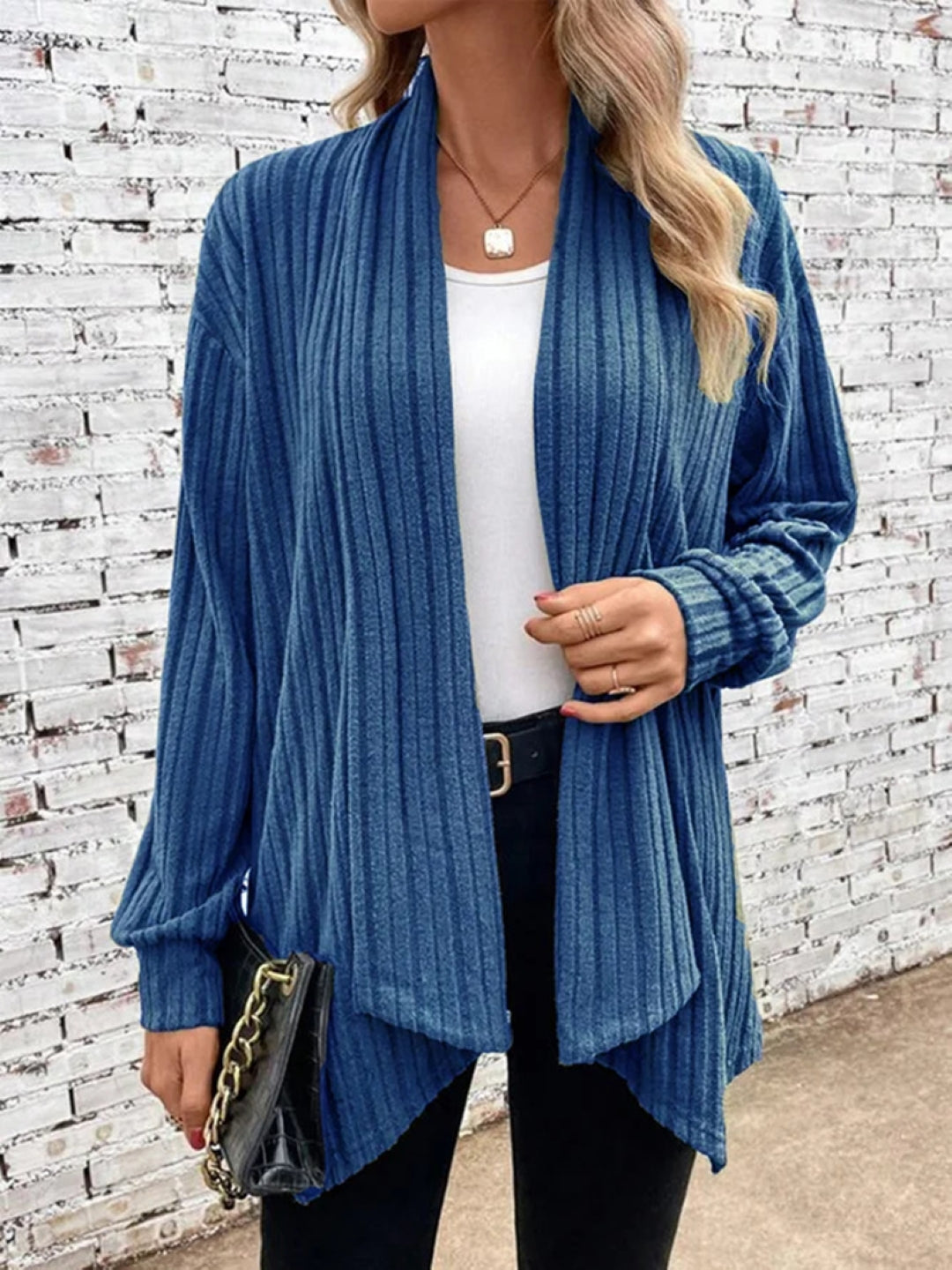 Navy Blue V-Neck Solid Long Sleeves Polyester Top