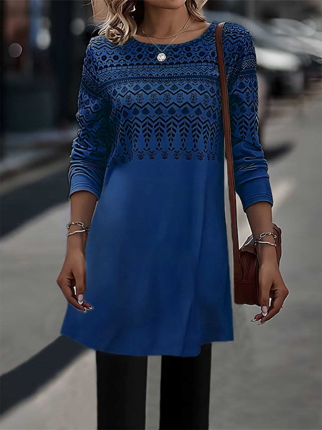 Blue Round Neck Ethnic Motifs Three-Quarter Sleeves A-Line Polyester Knee Length Dress