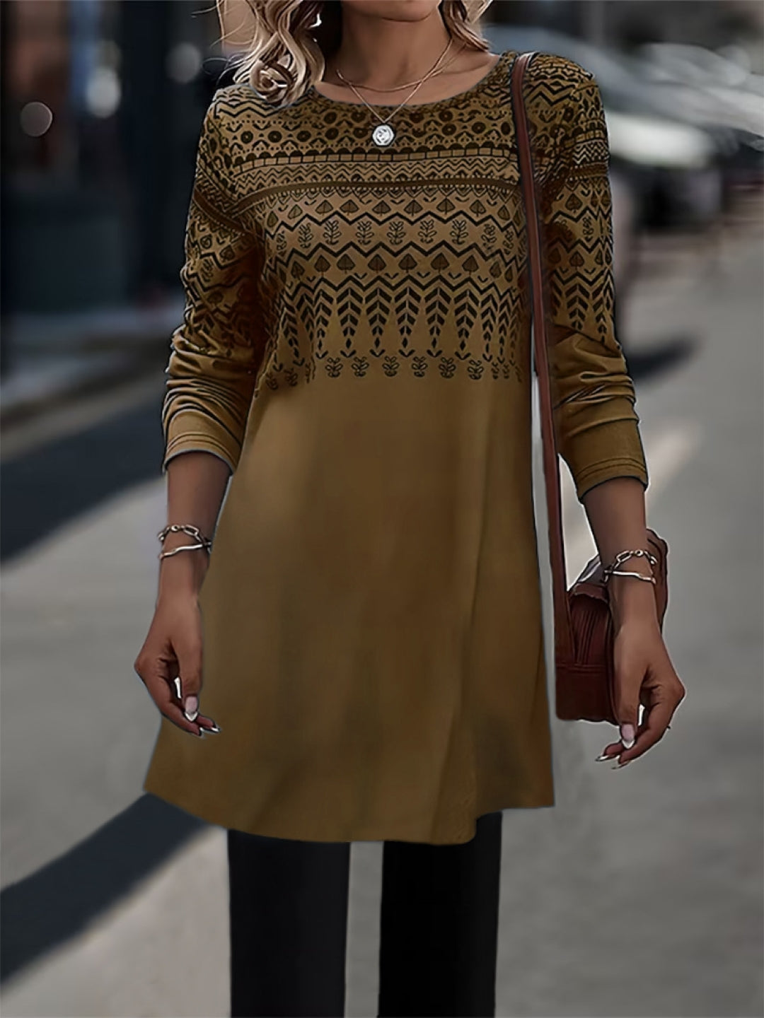 Brown Round Neck Ethnic Motifs Three-Quarter Sleeves A-Line Polyester Knee Length Dress