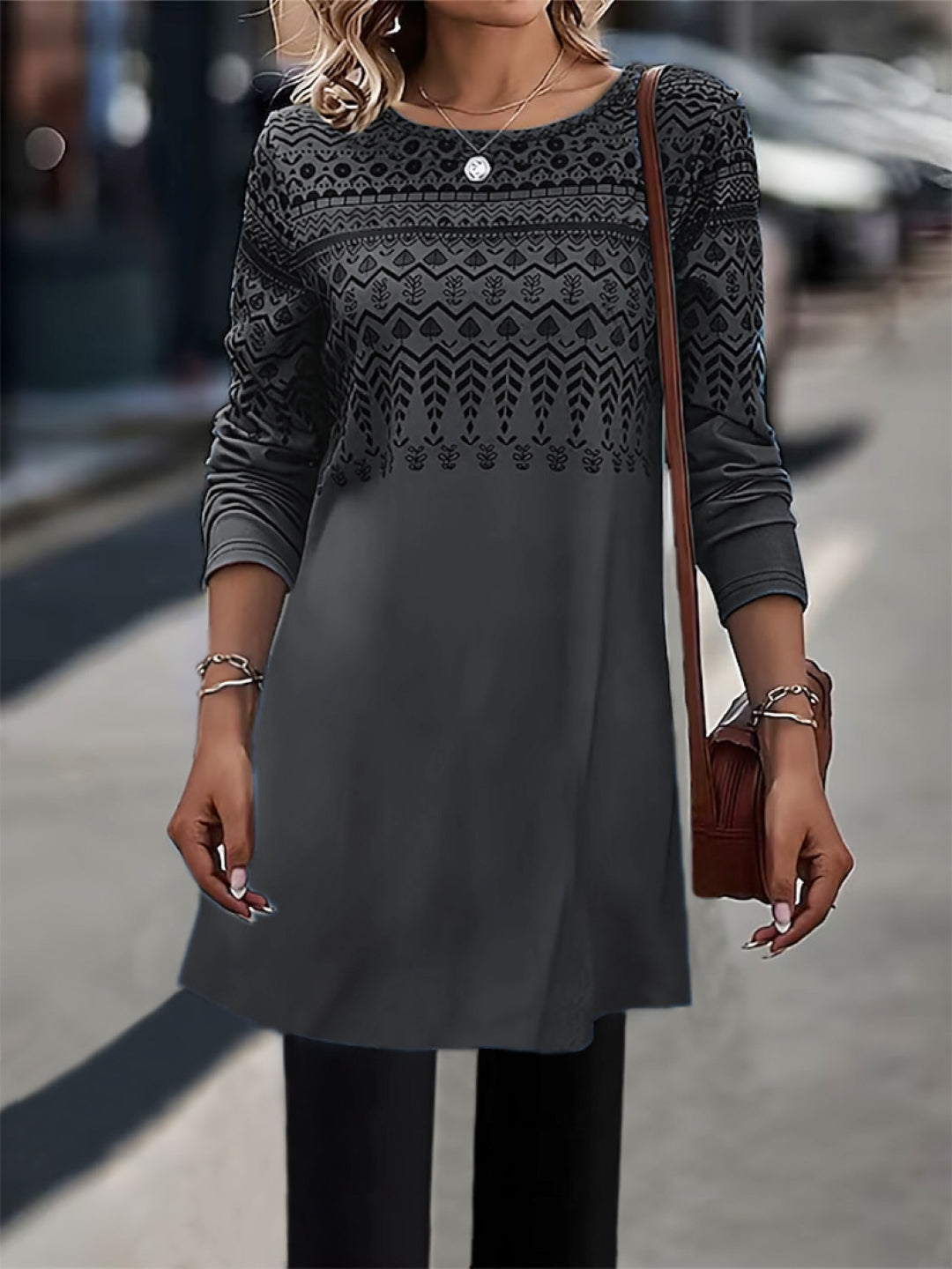 Grey Round Neck Ethnic Motifs Three-Quarter Sleeves A-Line Polyester Knee Length Dress