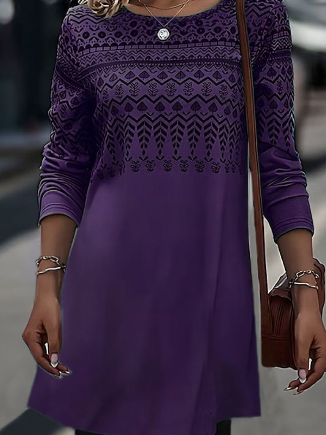 Purple Round Neck Ethnic Motifs Three-Quarter Sleeves A-Line Polyester Knee Length Dress