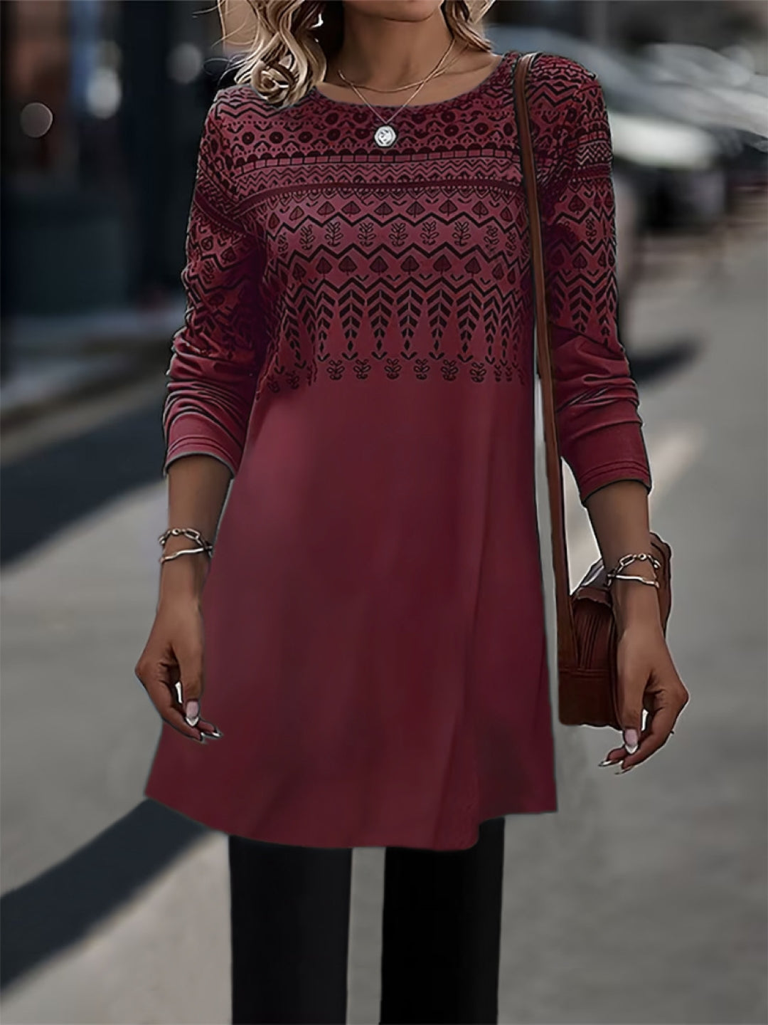 Red Round Neck Ethnic Motifs Three-Quarter Sleeves A-Line Polyester Knee Length Dress